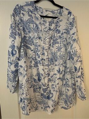 Joie White and Blue Tropical Print Button-Down Tunic